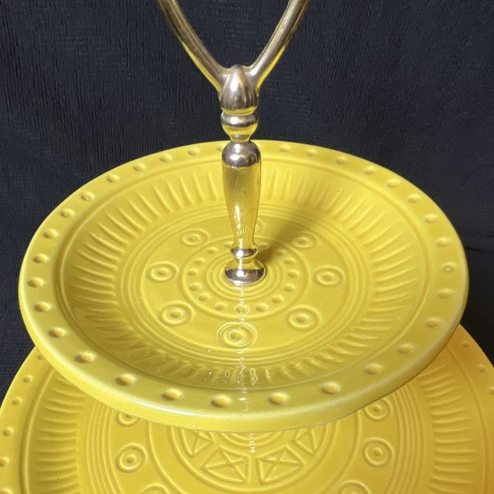 Vintage CALIF USA Yellow 2-Tier Serving Tray MCM Tidbit Serving Tray Metal